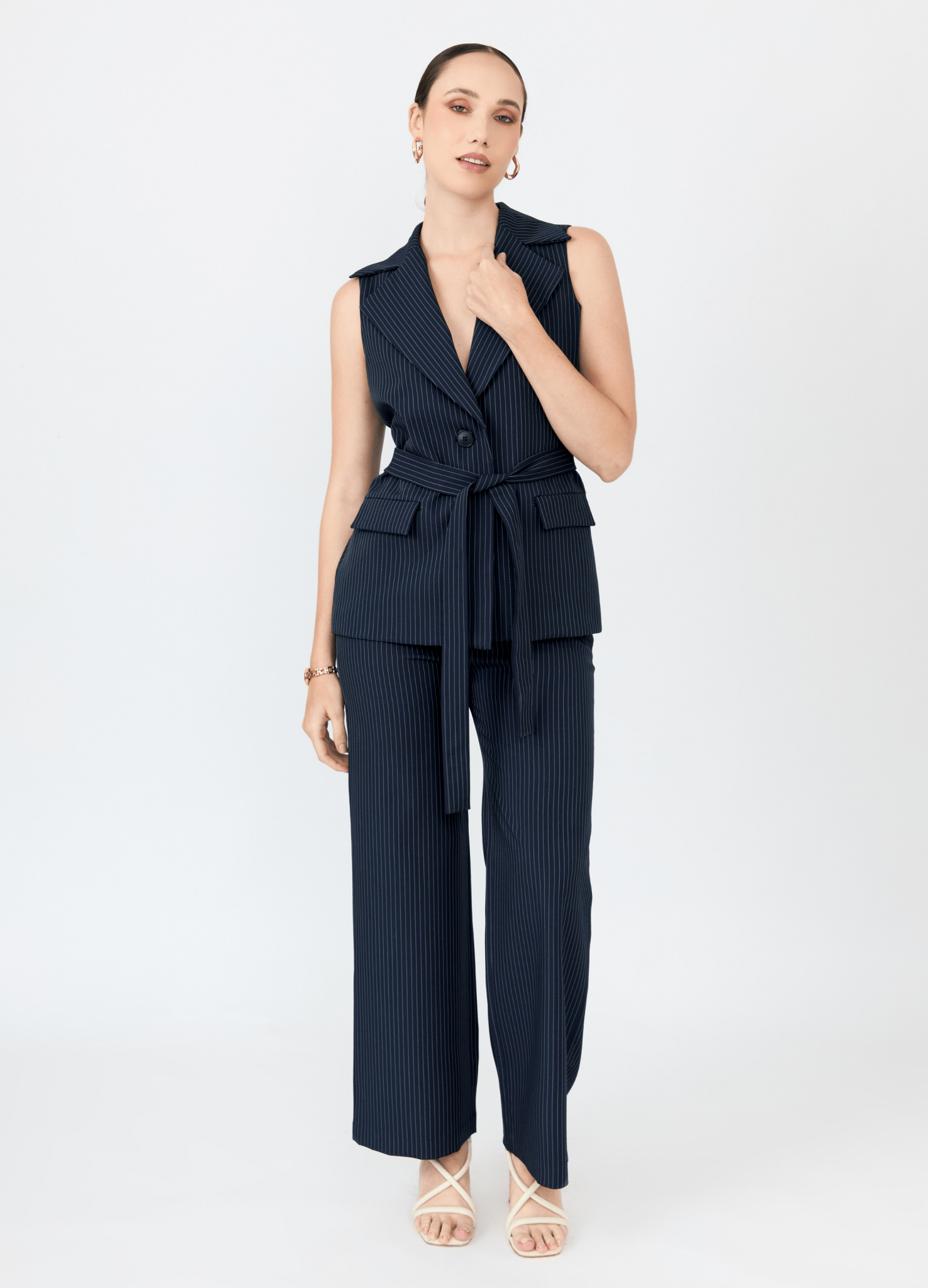 Chaleco largo Antonia a rayas con cinturón