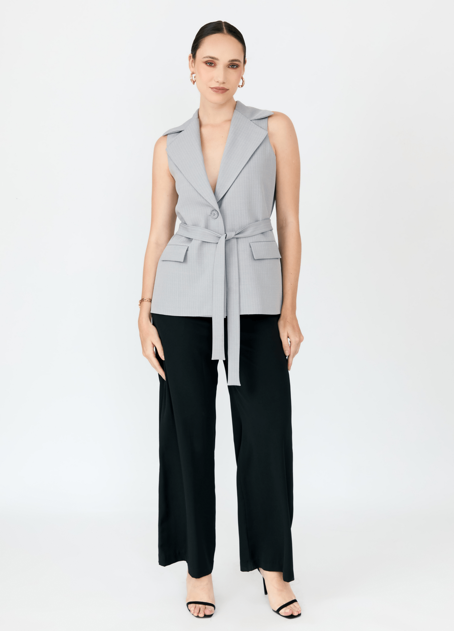 Chaleco largo Antonia a rayas con cinturón